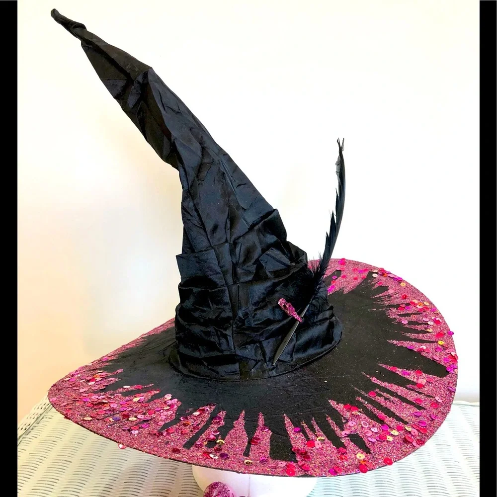 Witch hat artisan Black satin brim top & below multi pinks sparkles Flower & f…